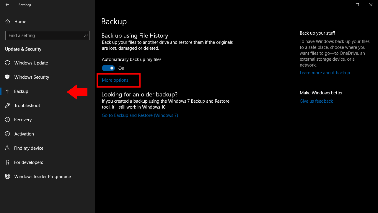 Screenshot of File History settings in Windows 10