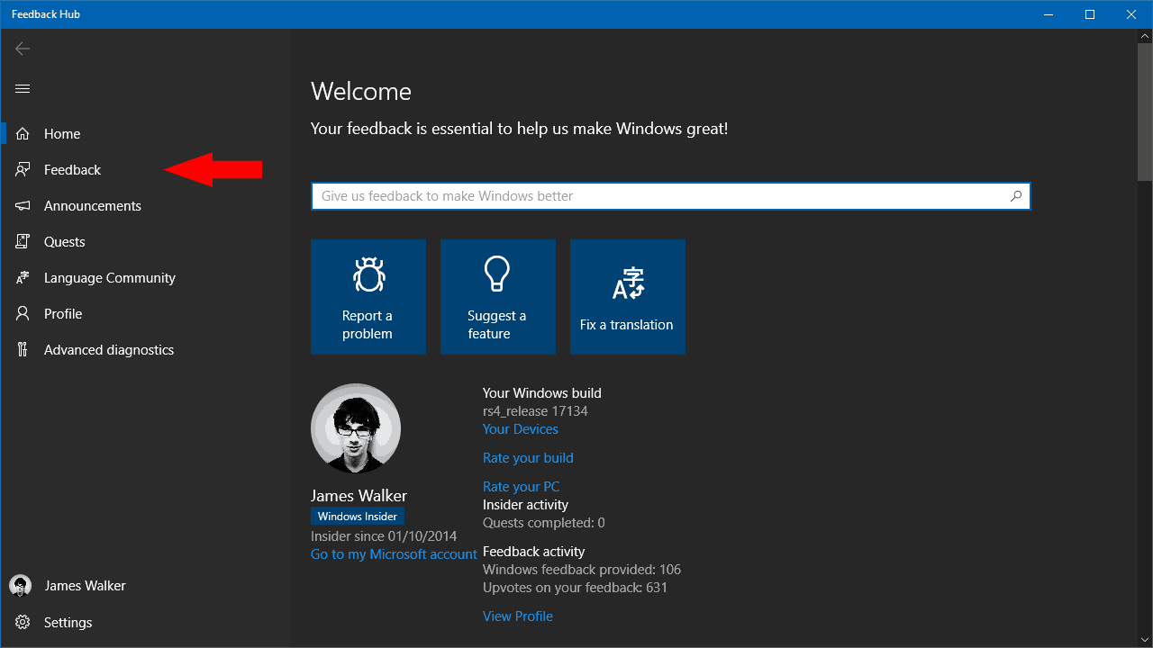 Screenshot of Feedback Hub in Windows 10