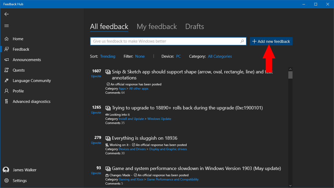 Screenshot of Feedback Hub in Windows 10