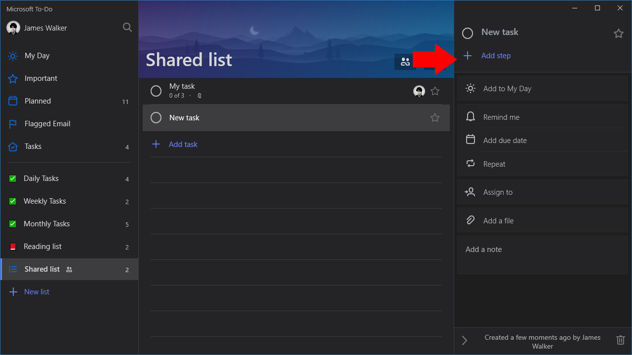 Screenshot of Microsoft To-Do shared lists