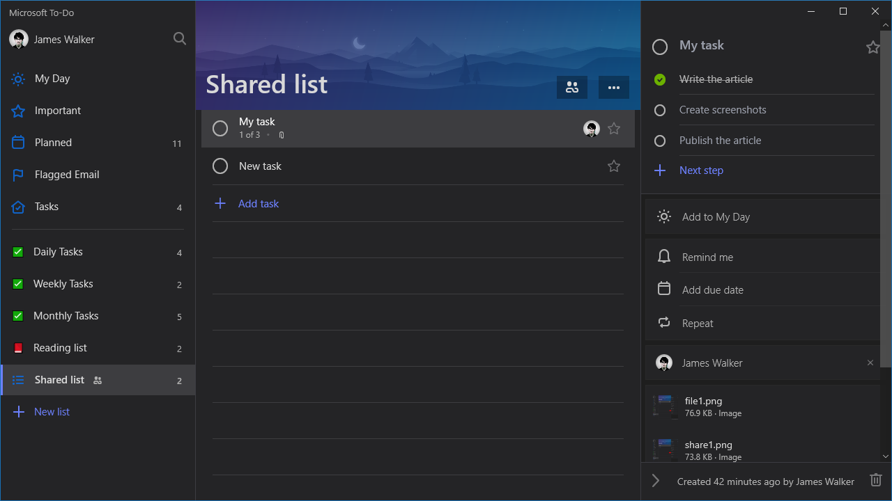 Screenshot of Microsoft To-Do shared lists