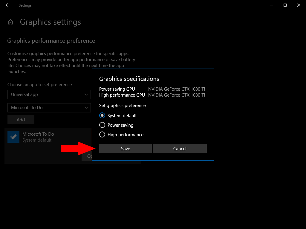 Setting per-app graphical performance settings in Windows 10