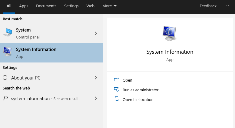 System Information in Windows 10