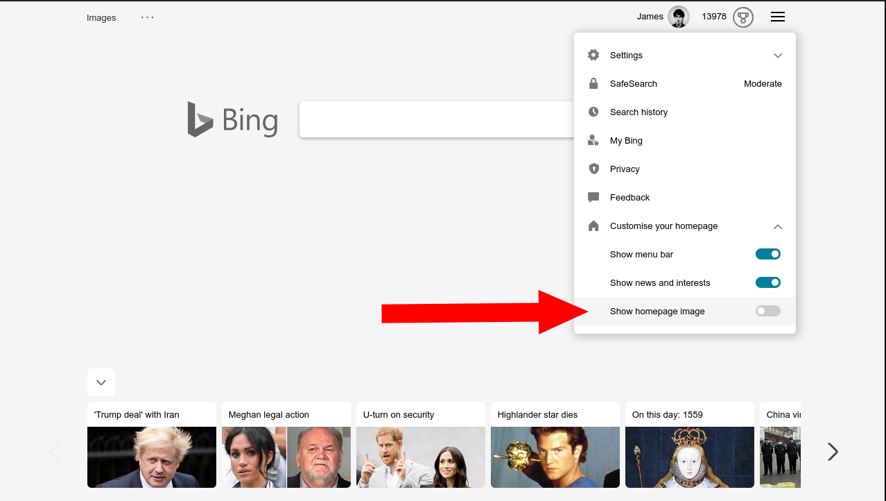 Screenshot of disabling Bing homepage image