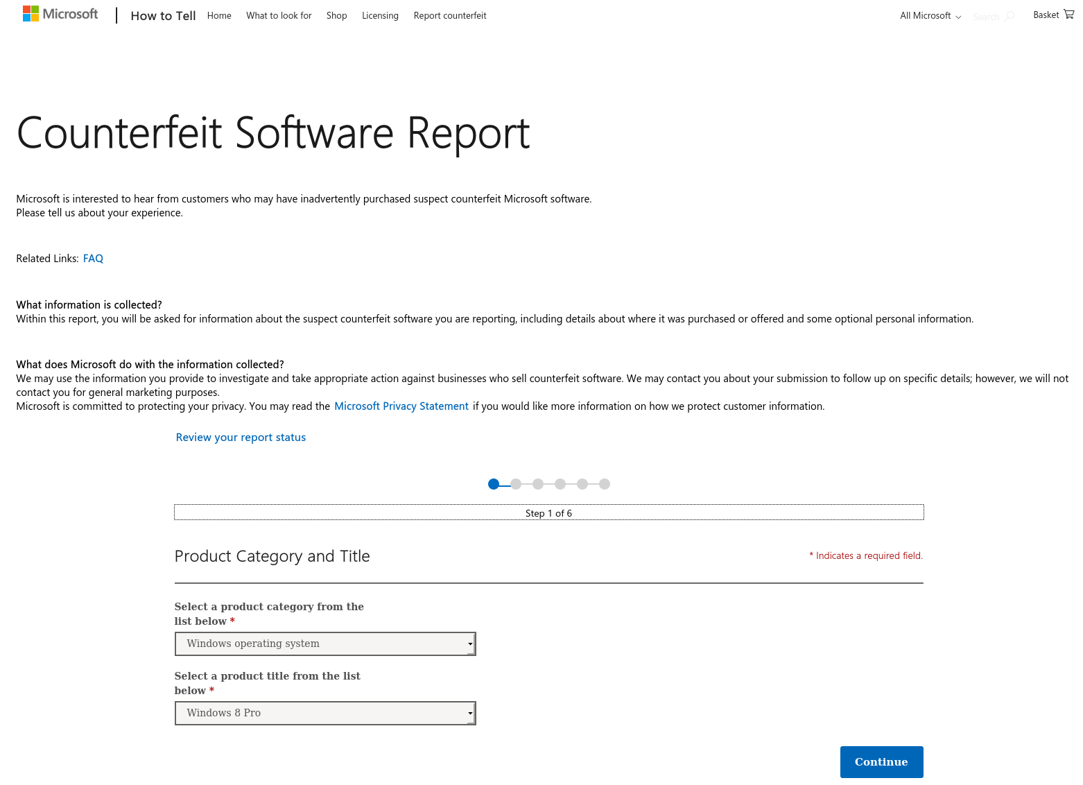 Microsoft Counterfeit Software Report form