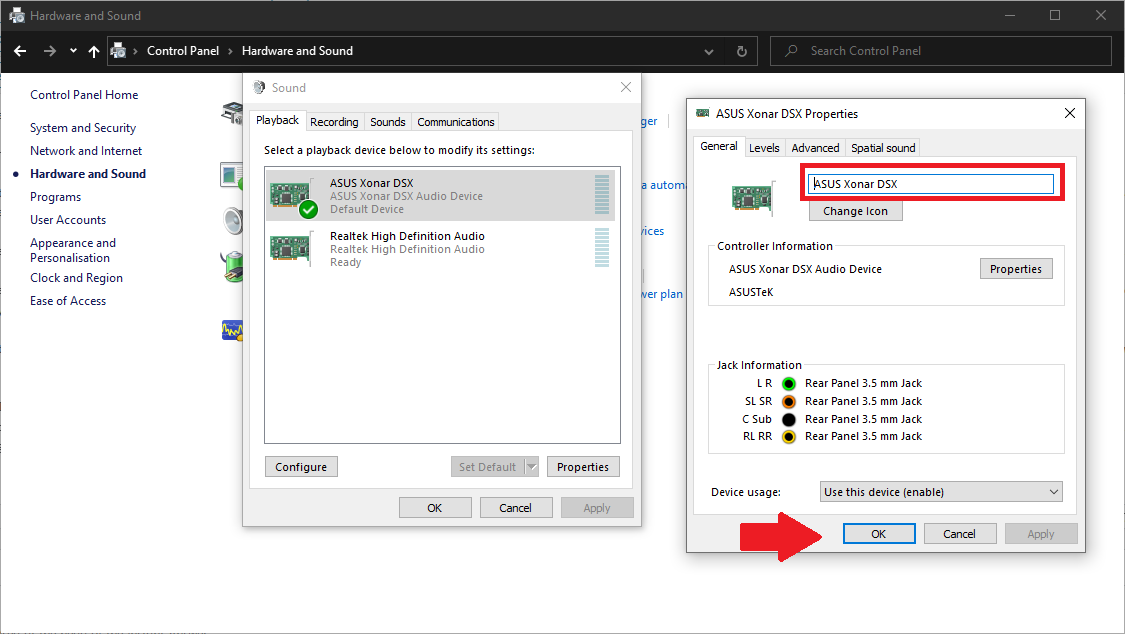 Screenshot of managing audio playback devices in Windows 10