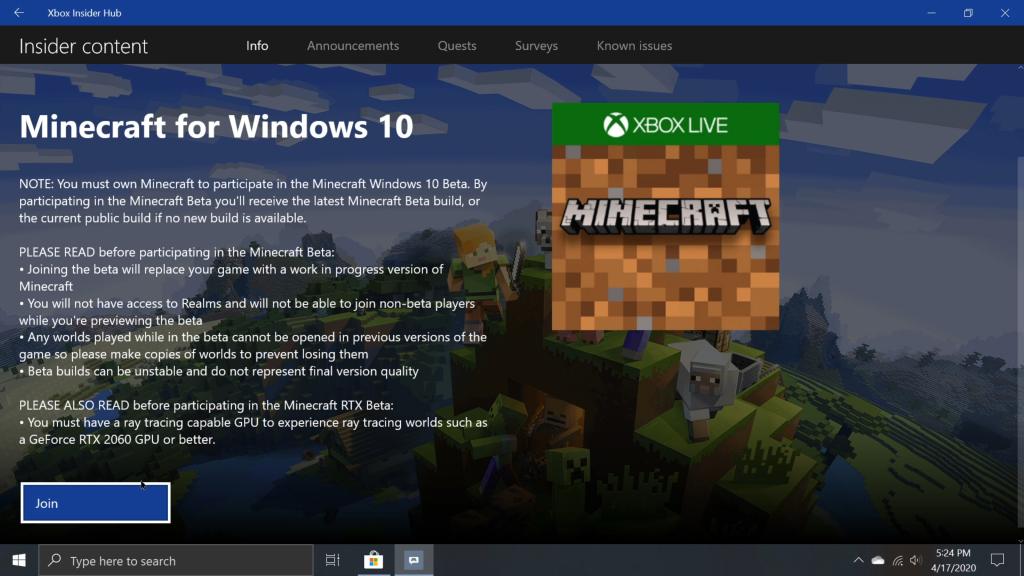 minecraft beta windows 10