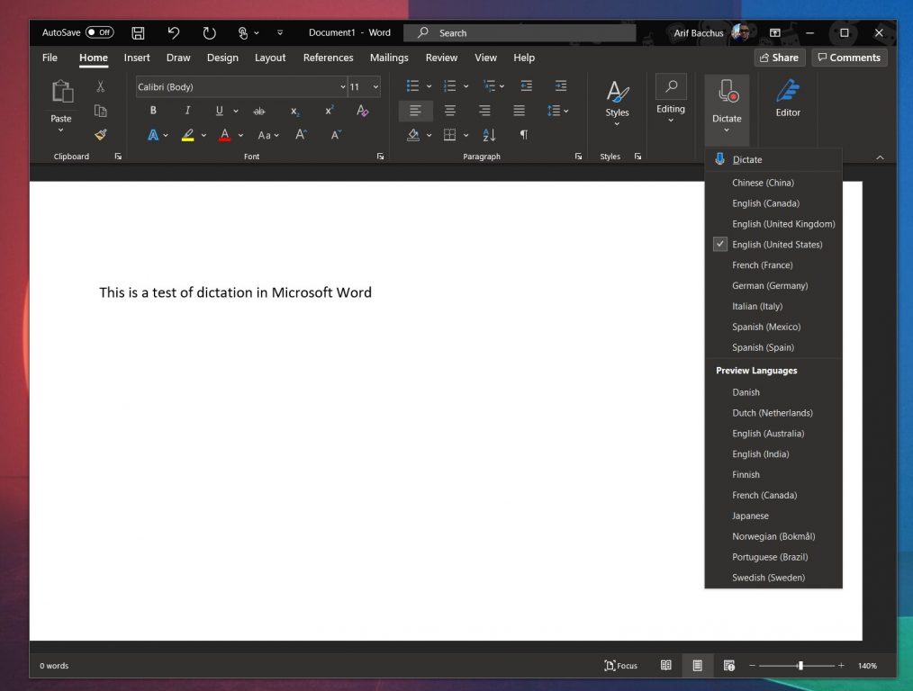 microsoft word dictation settings