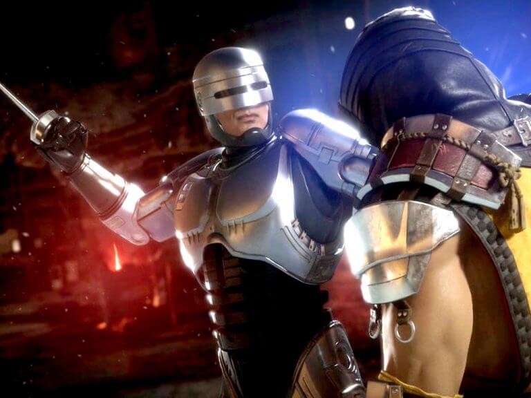Robocop and Scorpion in Mortal Kombat 11 video game on Xbox One