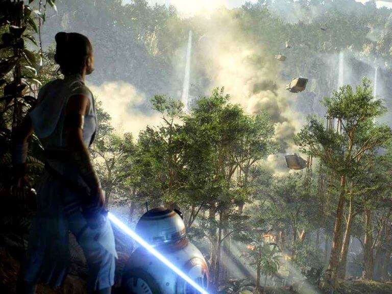 Rey and BB8 in Star Wars Battlefront II video game on Xbox One