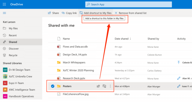 add OneDrive shortcuts shared folders
