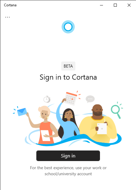 Screenshot of Cortana app sign-in page in Windows 10
