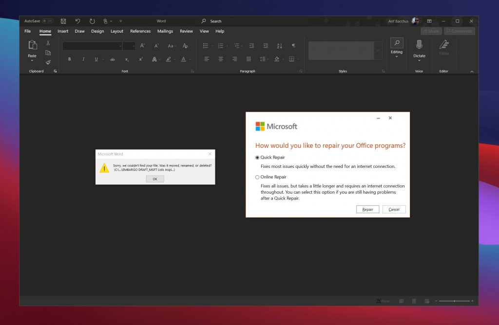 microsoft word 2016 keeps crashing