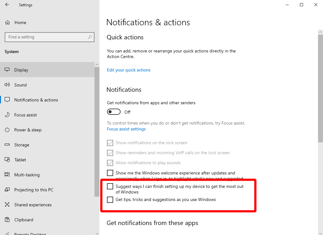 Screenshot of disabling Windows 10 tips, tricks and feedback notifications