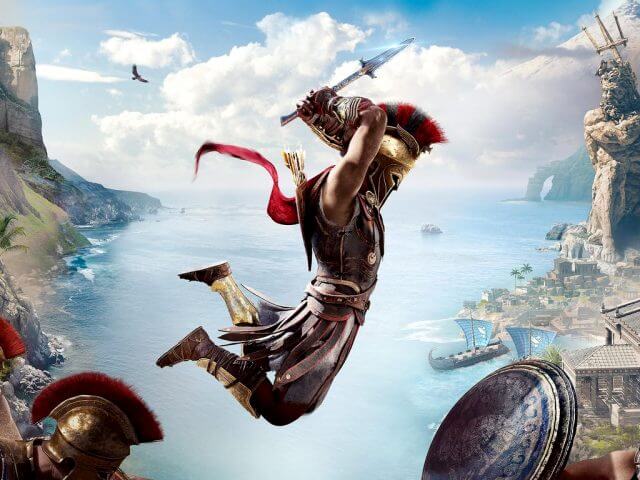 Assassin's Creed Odyssey male man character jumping on Xbox One and Xbox Series X