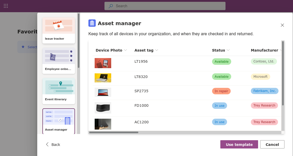 Screenshot of Microsoft Lists asset manager template