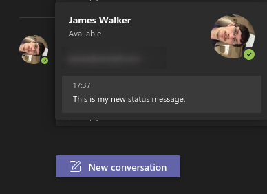 Screenshot of setting a status message in Microsoft Teams