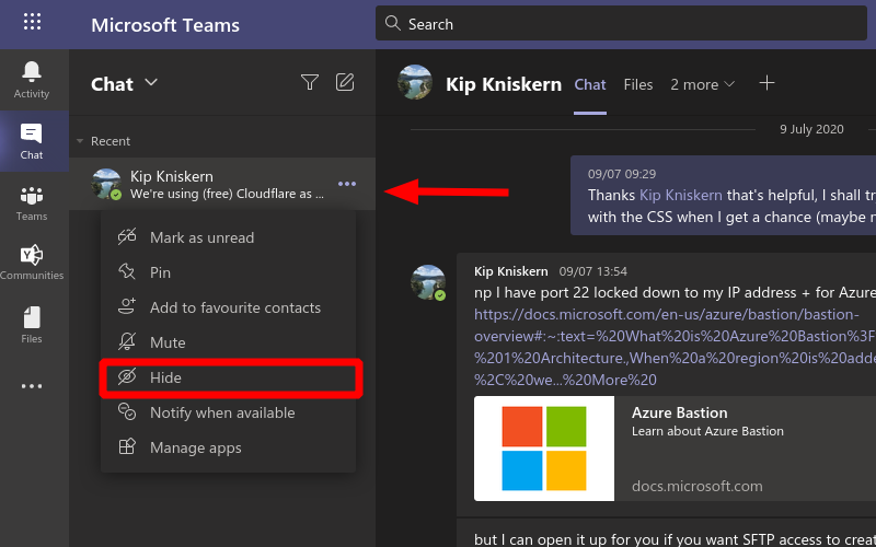 Screenshot showing how to hide a chat in Microsoft Teams