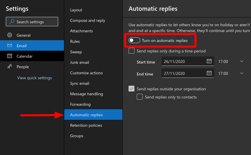 Screenshot showing Automatic Replies settings in Outlook Web App