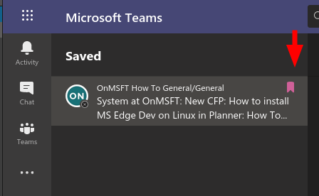 Screenshot of saved items list in Microsoft Teams