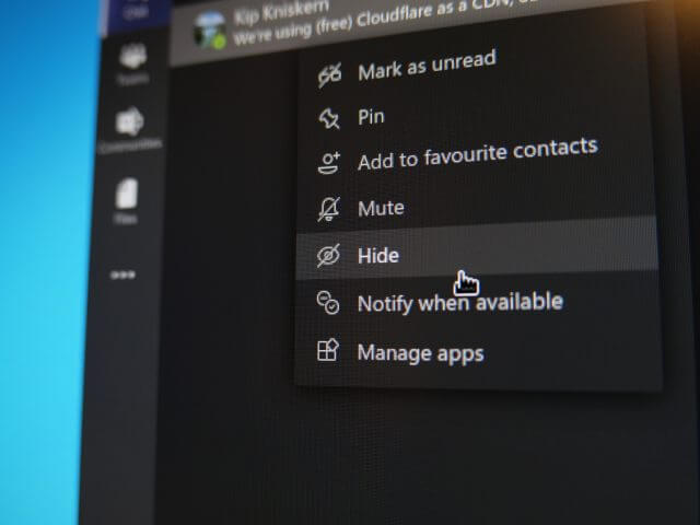 Photo showing how to hide a chat in Microsoft Teams