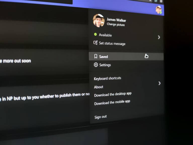 Photo of Saved option in Microsoft Teams profile menu