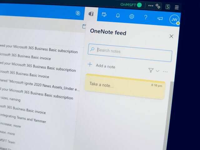 Photo showing the OneNote feed in Outlook web app