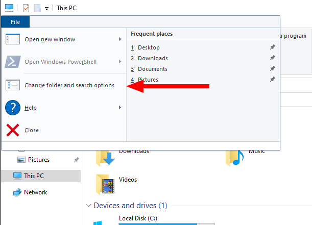 Screenshot showing File Explorer options