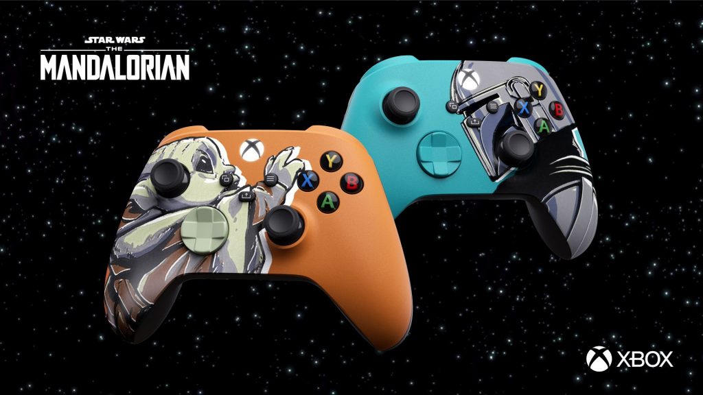 Mandalorian Xbox controllers with Grogu and Din Djarin