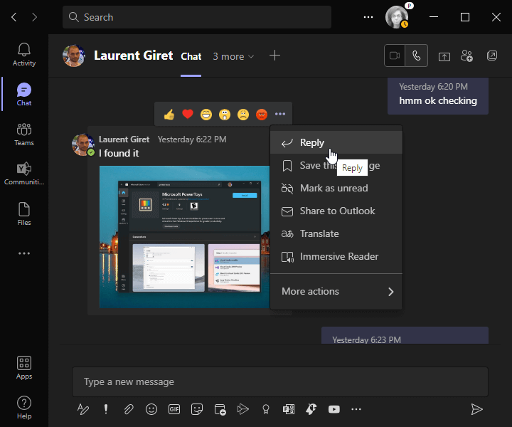 teams chat reply shortcut