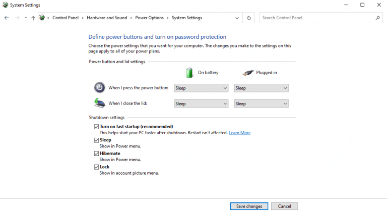 Turning on hibernate in windows 10 settings