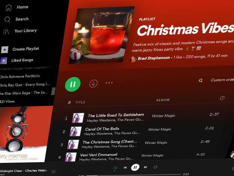 Windows 11 Spotify Desktop app with Christmas playlist playing