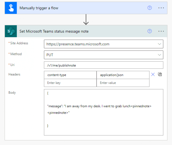 set status message in teams power automate