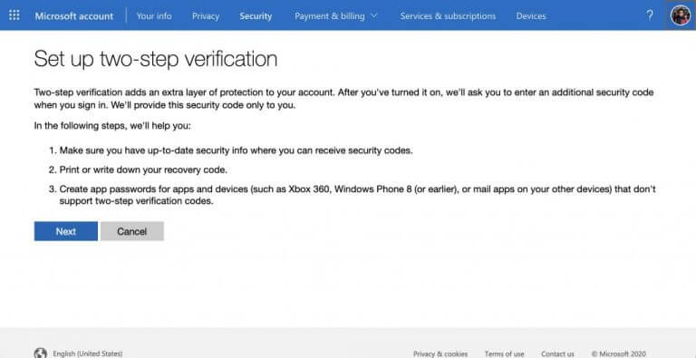 outlook 2-step verification