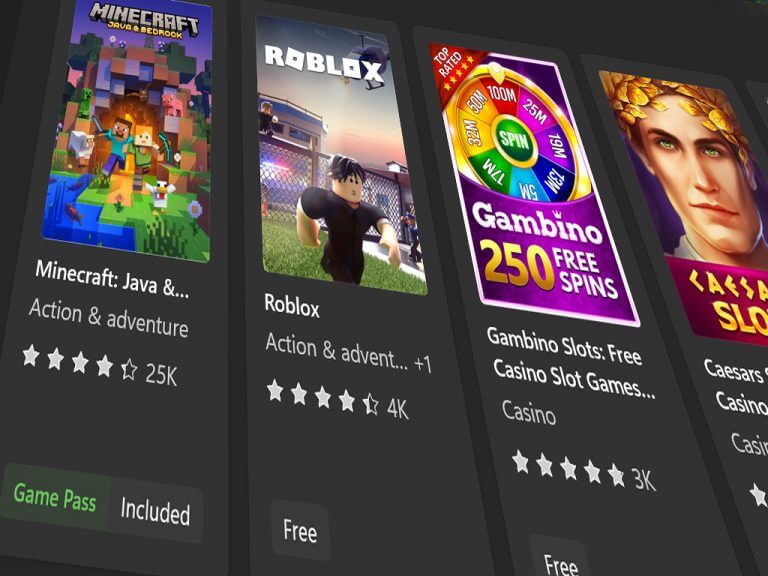 Microsoft Store app store with Minecraft and Roblox listings