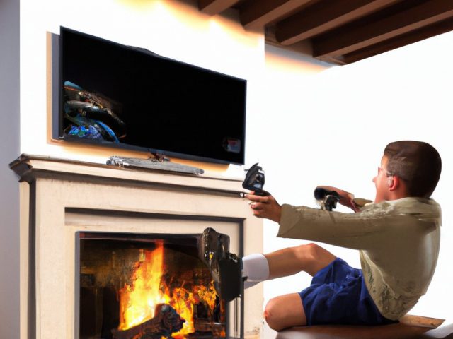 DALL·E 2023 01 27 15.59.29 a fun boy playing xbox on a large digital tv above the fireplace digital art Custom