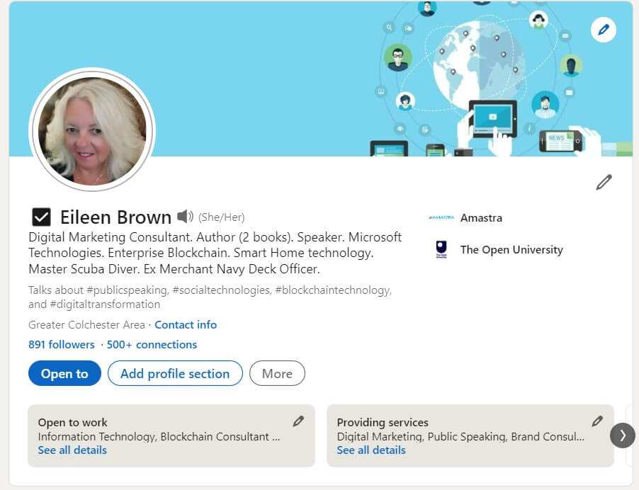 Linkedin profile image and background banner eileen brown onmsft