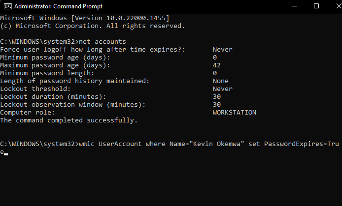 enable password expiration via cmd