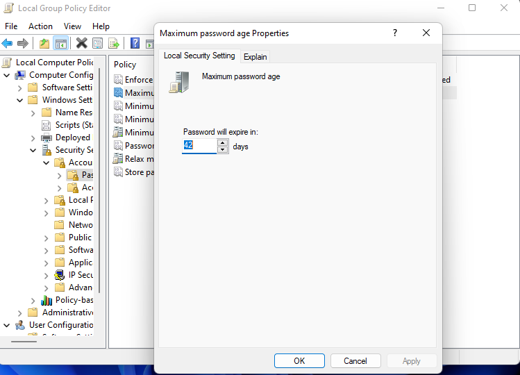 adjust password expiration limit via group policy