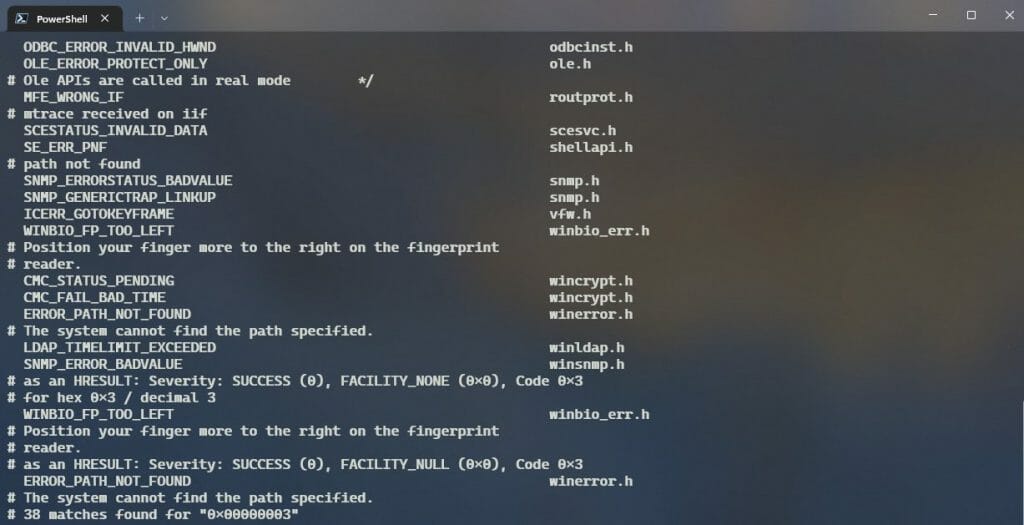 error codes in the terminal