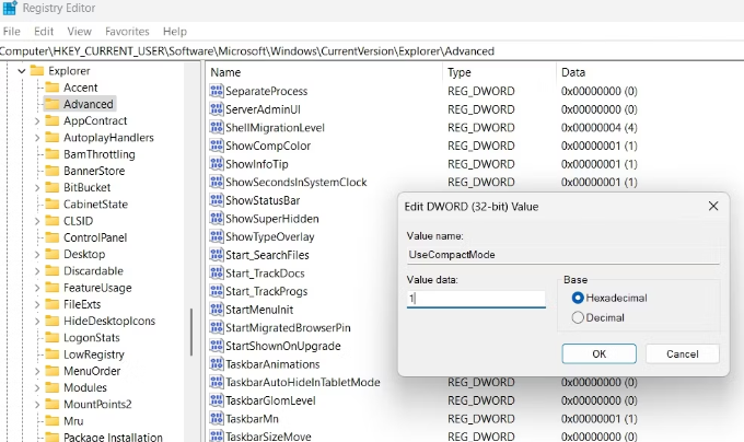 enable compact view using registry editor