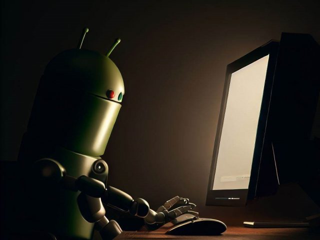 An image of an Android at a PC with low dramatic lighting in the style of rembrandt