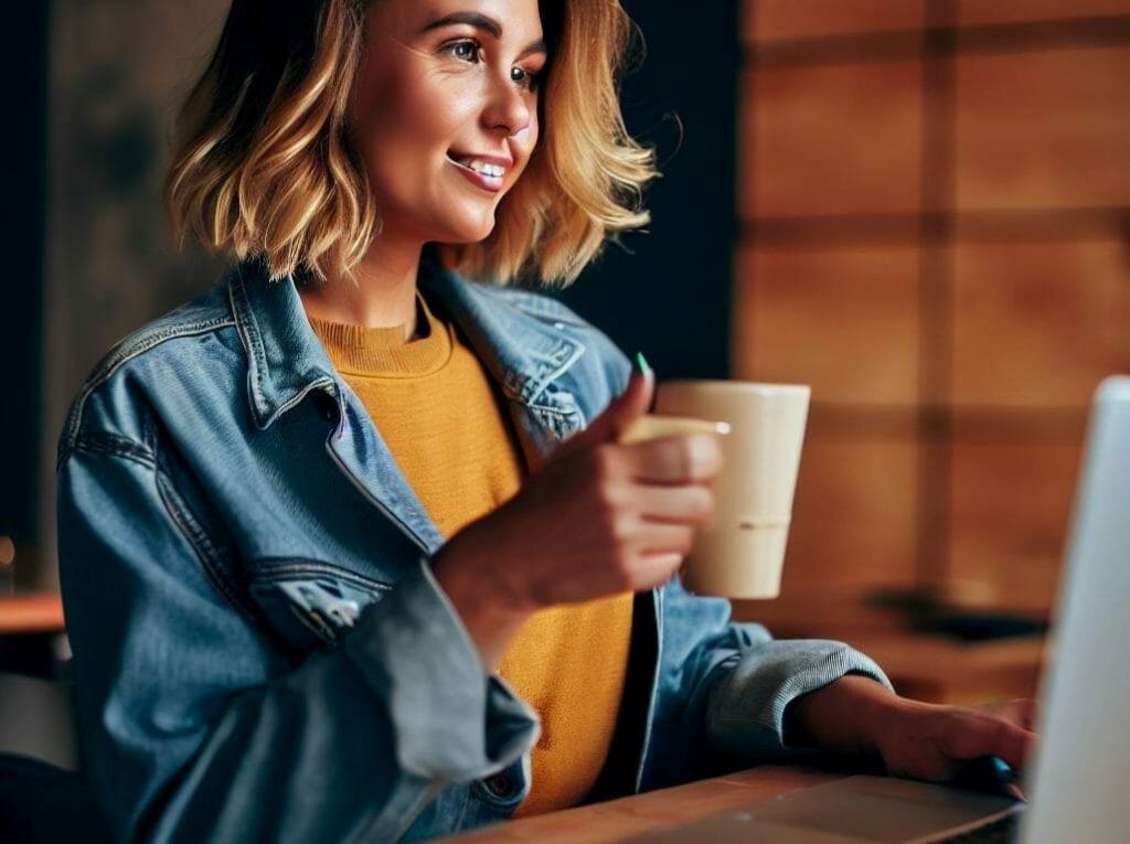 woman using laptop while in the office drinking coffee