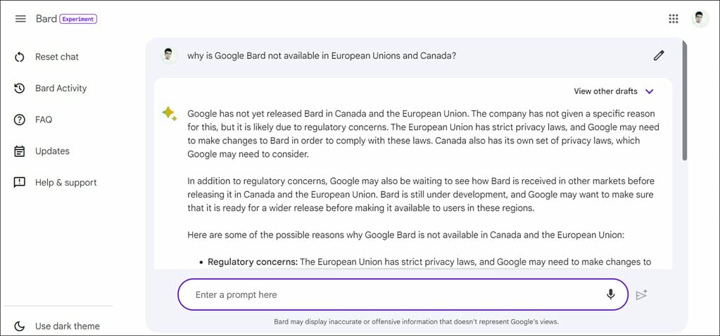 asking question of exclusion of European Union and Canada to Google Bard