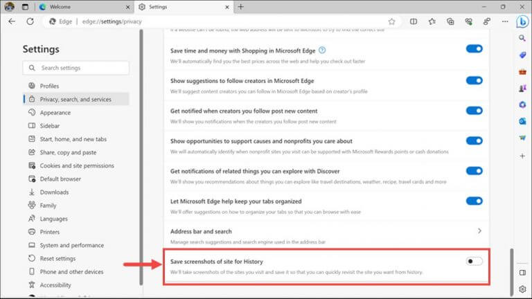 Save Screenshots Of Site For History Microsoft Edge Feature