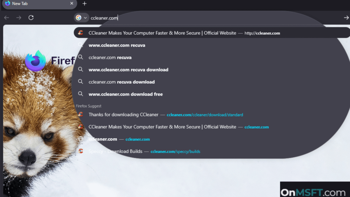 Firefox Nightly rounded address bar and suggestions overlay showing new UI design