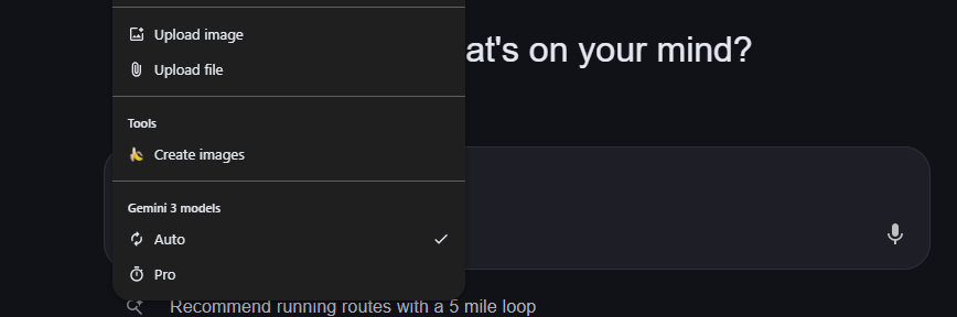Gemini model picker showing Auto and Pro options
