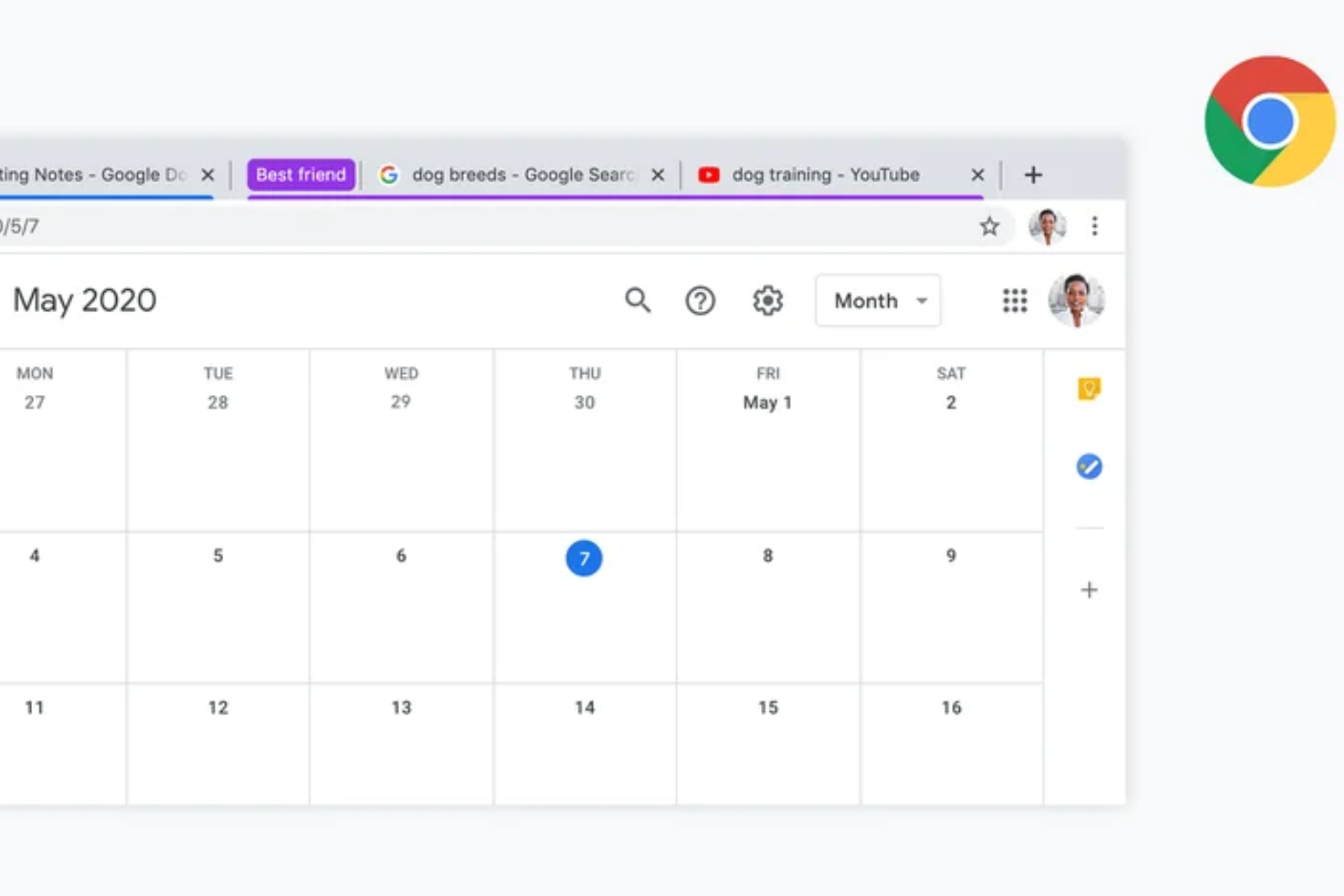 Chrome tab groups in the tab strip with header hover cards