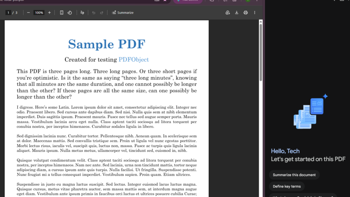 Gemini in Chrome side panel showing PDF summary options alongside an open document