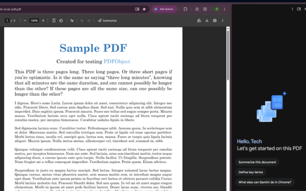 Gemini in Chrome side panel showing PDF summary options alongside an open document
